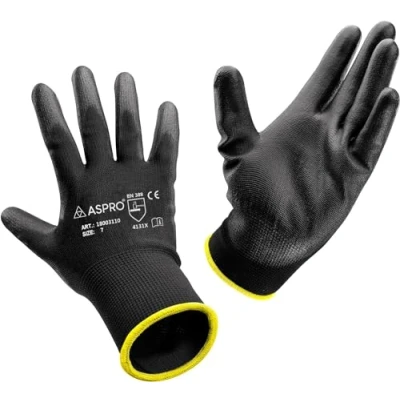 Abbildung von ASPRO Arbeitshandschuhe 10 Paar Größe 7 (S) Gartenhandschuhe Schwarze Nylon Handschuhe mit PU Beschichtung für Bauarbeiter, Gärtner, Mechaniker, Lagerarbeiter etc.
