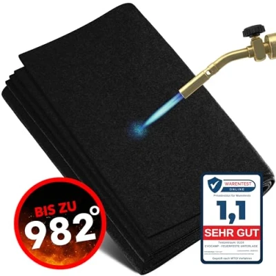 Abbildung von EVOCAMP feuerfeste Unterlage 200x200 cm Hitzeschutzmatte hitzebeständig bis 982 C Lötmatte als Matte für sicheren Brandschutz Brandschutzmatte ideale Feuerschutzmatte schwarz