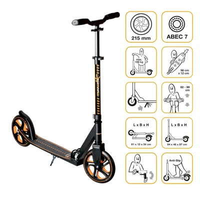 Abbildung von Muuwmi Aluminium Scooter Pro 215 mm Räder ABEC 7 Lager Höhenverstellbarer Lenker Geeignet für Kinder und Erwachsene GS Zertifiziert Bis zu 100 kg Tretroller orange
