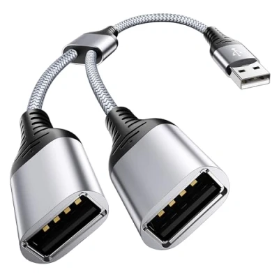 Abbildung von ANDTOBO USB Y Splitter Kabel, 2.0 A Stecker auf Dual Buchse Ladekabel für PC/Laptop/Externe Festplatten Silber