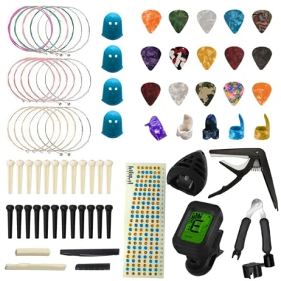 Abbildung von TTCR II Gitarrenzubehör, 75 Pcs Gitarren Zubehör Set mit Gitarrenstimmgerät, Capo Gitarre,15 Gitarre Plektrum,3 Gitarrensaiten Akustikgitarre,5 Fingerpicks,4 Fingerkuppenschutz, Aufkleber