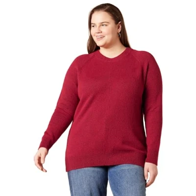 Abbildung von Amazon Essentials Damen Soft Touch Langarmpullover mit Rundhalsausschnitt in klassischer Passform, Dunkelrot, L