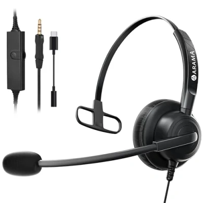 Abbildung von Arama 3,5mm Klinke Headset Handy, PC Kopfhörer mit Mikrofon Noise Cancelling für Fritzfon c6 c5 iPhone Samsung Laptop Tablet Computer Business Call Center Home Office Skype Zoom Meetings, Komfort Fit