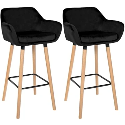 Abbildung von CLP 2er Set Barhocker Grant Mit Samtbezug I Thekenhocker Vierfußgestell Aus Holz Tresenhocker Fußstütze, Farbe:schwarz