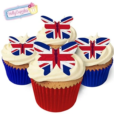 Abbildung von 24 Union Jack Flagge Essbare Oblaten Schmetterlinge / Flag Butterflies