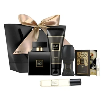 Abbildung von Avon Cosmetics Pflege Geschenkset LITTLE BLACK DRESS Eau de Parfum 50ml Taschenspray 10 ml, Bodylotion 125 Deoroller 50 Damenmode, Luxusduft, Blumiger, Modeklassiker, New Design., 6 tlg., Damenparfum, Hautpflege, Blumiger Duft Duftklassiker