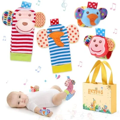 Abbildung von Baby Rasseln Spielzeug Handgelenk und Socken, Rassel Plüschtiere Entwicklungs für 0 12 Monate Neugeborene, Mädchen Jungen, Geschenk 4PCS (Stil 3)