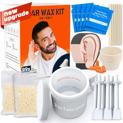 Abbildung von Wokaar 99er Set zum Ohrenhaare entfernen 100 g Wachs, 20 Holzstäbchen, 10 Nasenapplikatoren Nasen und Ohrenhaarentfernung für Männer Frauen, 15 Balsamtücher