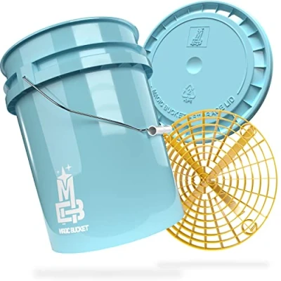 Abbildung von MAGIC BUCKET Auto Handwäsche Bundle Wascheimer Mit passendem Eimer Deckel 5 US GALLONEN ca. 20 Liter Grit Guard Eimereinsatz Schmutzsieb Waschset Baby Blau/Gelb