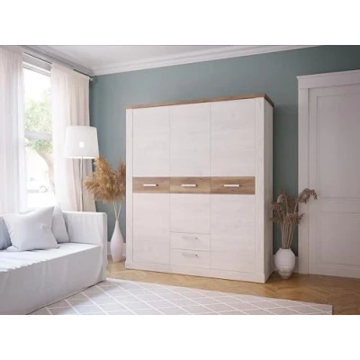 Abbildung von FORTE DURO Schrank 170 180, Kleiderschrank Drehtürenschrank Landhausstil 3 türig 2 Schubladen Einlegeböden Kleiderstange Holzdekor: Pinie Weiß / Eiche Antik, 171 cm breit x 199 hoch 59 tief