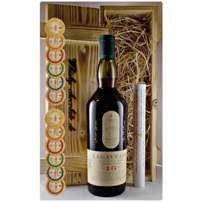 Abbildung von Geschenk Lagavulin 16 Jahre Single Malt Whisky + 12 Edelschokoladen in Holzkiste