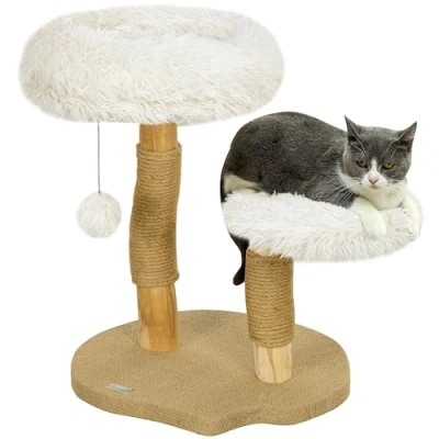Abbildung von PawHut Kratzbaum 72 cm hoch, mit Spielball, Betten, Katzenkratzbrett, für Katzen unter 5 kg, Birnbaumholz, Weiß