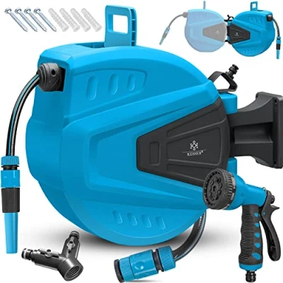 Abbildung von KESSER® Schlauchtrommel Wasser 30+2m Schlauchaufroller Inkl. 2 Wege Verteiler + Multi Handbrause Wasserschlauchtrommel Automatik 180 Schwenkbar Wandhalterung Gartenschlauch Blau