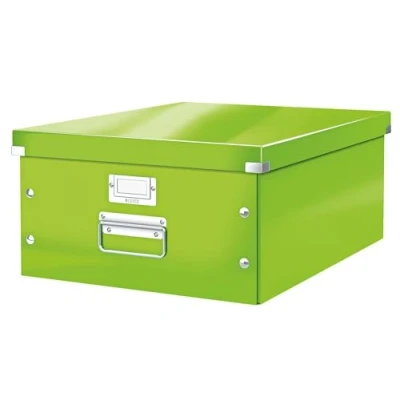 Abbildung von Leitz Click &amp; Store Aufbewahrungsbox mit Deckel Groß, Box für Unterlagen bis A3 im Büro oder Haushalt, Transportbox aus 85 % recycelter Premium Hartpappe, Stabile Metallgriffe, Grün, 60450054