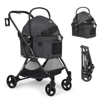Abbildung von Beberoad Haustier Kinderwagen für Hunde, Katzen, abnehmbarer Kinderwagen, Buggy, Transportwagen leichte Reisetasche kleine, mittelgroße und große Haustiere, 4 Räder (schwarz)