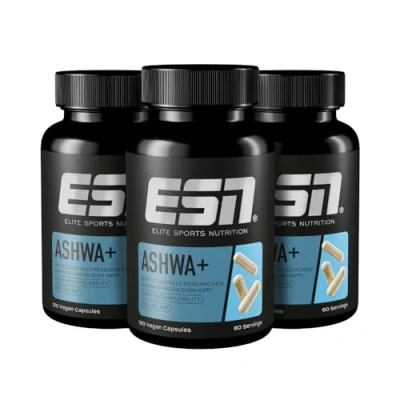 Abbildung von ESN Ashwa +, patentierter Ashwagandha Wurzelextrakt KSM 66®, 3 x 120 Kapseln, indische Schlafbeere, mit Magnesium, Vitamin B6 &amp; Zink, vegan