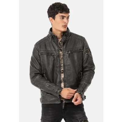 Abbildung von Cipo &amp; Baxx Herren Kunstlederjacke Bikerjacke Übergangsjacke Jacke CM223 Grau M