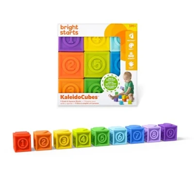 Abbildung von Bright Starts, Babybausteine, KaledioCubes, Blöcke zum Spielen, Baden oder für unterwegs, mit Zahlen, Tieren und Farben, leicht zu greifen reinigen, mehrfarbig
