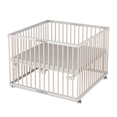 Abbildung von Sämann Laufgitter faltbar 100x100 cm mit Matratze PREMIUM stufenlos höhenverstellbar Laufstall klappbar Baby Buche weiß/natur