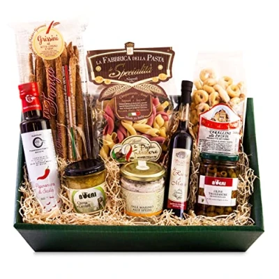 Abbildung von VEGETARISCHE Feinkost Geschenkkorb GUSTOSO mit ausgesuchten italienischen Delikatessen Spezialitäten ohne Alkohol