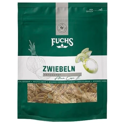 Abbildung von Fuchs Gewürze Zwiebeln getoastet im wiederverschließbaren, recyclebaren Beutel aus natürlichen Zutaten 35 g
