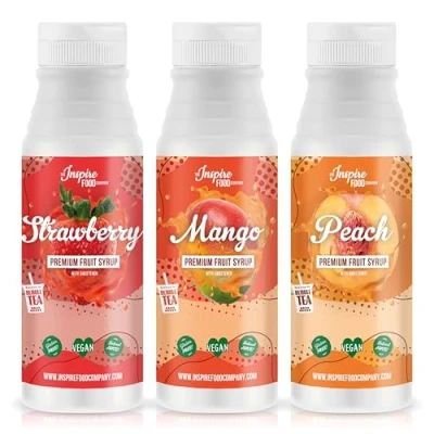 Abbildung von INSPIRE FOOD Fruchtsirup für Bubble Tea Mischung 3er pack Erdbeer, Mango und Pfirsich Tea, Boba Slushes &amp; Ice Blended 100 % vegetarisch, glutenfrei, je 300 ml