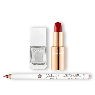 Abbildung von Wakeup Cosmetics Lip + Nail Kit Cremiger Lippenstift Everyday Hero (Perfect Ruby), Präzise fließende Linie (Chic Red), Silberner Nagellack