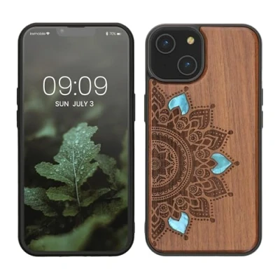 Abbildung von kwmobile Hülle kompatibel mit Apple iPhone 14 Holz Case Handy Cover TPU Handyhülle in Dunkelbraun Aufgehende Sonne Perlmutt