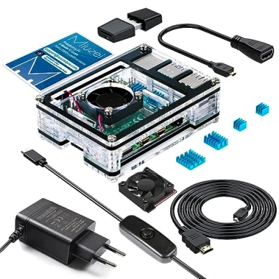 Abbildung von Miuzei Gehäuse für Raspberry Pi 4 mit Lüfter, 5.1V 3A 15.3W USB C Netzteil,1.8M Micro HDMI Kabel,Adapterkabel, Aluminium Kühlkörper, Kartenleser Case Modell B Rasp 8 2GB