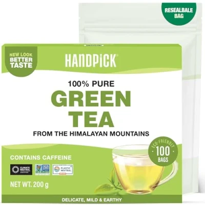 Abbildung von HANDPICK, Grüner Tee Beutel (100 Teebeutel) Glutenfrei &amp; Reiner Grüntee Runde Grün Beutel, Kein Kleber, Bleichmittel, Keine Schnüre Heißer/Kombucha Oder Kalter Aufbrühen Green Tea