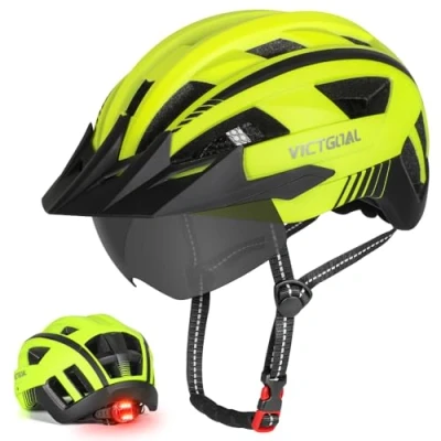 Abbildung von VICTGOAL Fahrradhelm MTB Mountainbike Helm mit magnetischem Visier Abnehmbarer Sonnenschutzkappe und LED Rücklicht Radhelm Rennradhelm für Erwachsenen Herren Damen (XL: 59 63cm, Yellow)