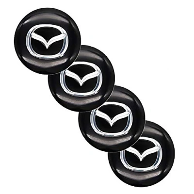 Abbildung von QUXING 4 Stück Logo Aufklebern Radnabenkappen Nabendeckel, für Mazda 65mm Auto Felgendeckel Zubehör Zierdeckel Emblem Abzeichen Accessoires