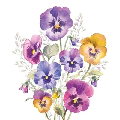 Abbildung von 20 Servietten Blumen Stiefmütterchen in prächtigen Farben als Tischdeko. Papierservietten mit Motiv. Auch für Decoupage und Serviettentechnik 33x33cm