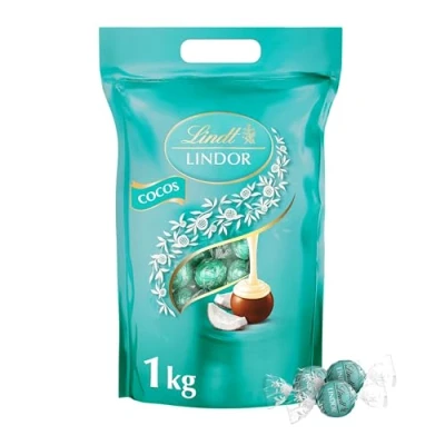 Abbildung von Lindt LINDOR Schokoladen Cocos 1 kg Beutel, wiederverschließbar ca. 80 Kugeln Milch Schokolade mit Kokosnusscrèmefüllung Großpackung, Pralinen Geschenk, Schokoladengeschenk