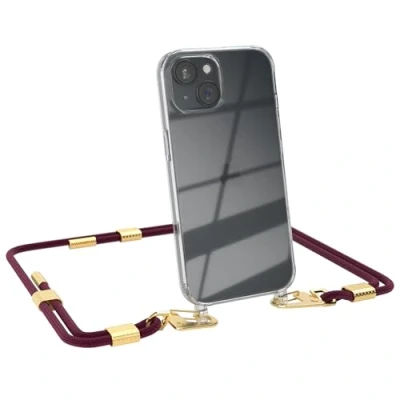 Abbildung von EAZY CASE Handykette mit Karabiner kompatibel iPhone 15 Hülle Silikon Fallschutz transparente Handyhülle für Kette zum Umhängen Schutzhülle in Beere Clips Gold