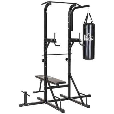 Abbildung von Kraftstation mit Klimmzugstange, Multifunktionale Dip Station, Trainings Gerät für Zuhause, Boxsack, Fitness, Stahl, Schwarz, 180 x 183 219 cm