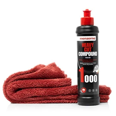 Abbildung von detailmate Auto Polier Set Autopflege: Menzerna Autopolitur Heavy Cut Compound 1000, 250 ml Kratzer entfernen + Mikrofaser Poliertuch, 40x40cm, perfekt zum Auspolieren auf Autolack