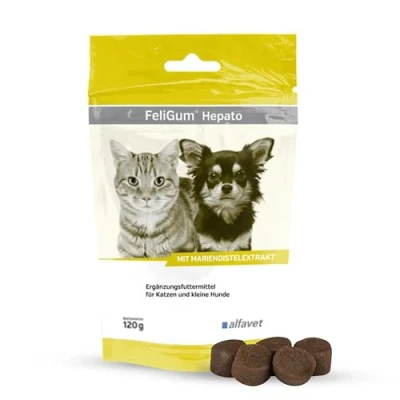 Abbildung von Alfavet FeliGum Hepato, Ergänzungsfuttermittel für Katzen und kleine Hunde, bei chronischer Leberinsuffizienz, 120g, ca 60 Kaudrops