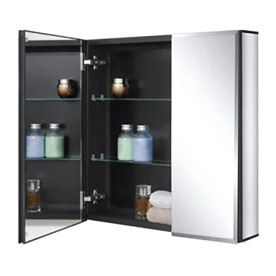 Abbildung von Fundin Schwarzer Aluminium Badezimmer Spiegelschrank 61 x cm für Unter oder Aufputzmontage, mit Doppeltür und verstellbaren Einlegeböden.