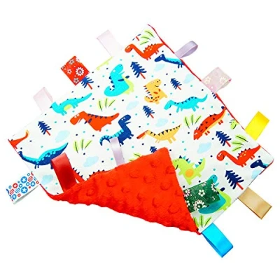 Abbildung von G Tree Babydecke Comfort mit Umbau, Taggy Blanket Mehrfarbige Dinosaurier Tag, Decke Rot Strukturierter Under