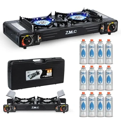 Abbildung von Z.M.C Premium Camping Gaskocher 2 flammig + 12 Gaskartuschen 227g, Campingkocher mit transportkoffer für Outdoor und Innenraum, Balkon Kocher, Doppelgaskocher Piezozündung