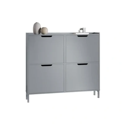 Abbildung von SoBuy FSR100 HG Schuhkipper mit 4 Klappen Schuhregal 8 Ablageflächen Schuhschrank schmal Schuhkommode Schuhablage Hellgrau BHT ca. 100x90x19cm