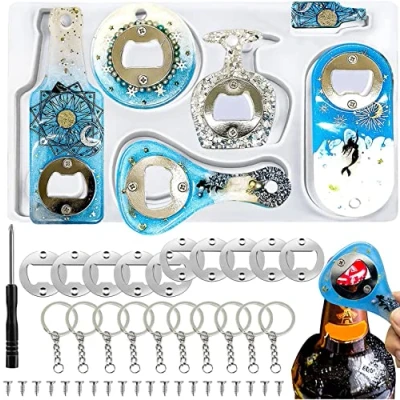 Abbildung von Flaschenöffner Silikonform Epoxidharz Flasche Opener Harz Formen mit 10 Bieröffner Ring und Schlüsselbund Gießform Silikonformen für DIY