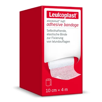 Abbildung von Elastomull® haft von Leukoplast®, elastische Fixierbinde mit Anti Rutsch Effekt, 10 cm x 4 m, 1 Rolle, fixiert Kompressen/Schienen an häufig bewegten Körperteilen