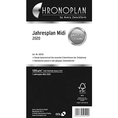 Abbildung von Chronoplan 50500 Kalendereinlage 2020 (Jahresplan Midi (96 x 172 mm), Ersatzkalendarium, Universallochung, zum Aufklappen (mit Leporello Falzung)) weiß