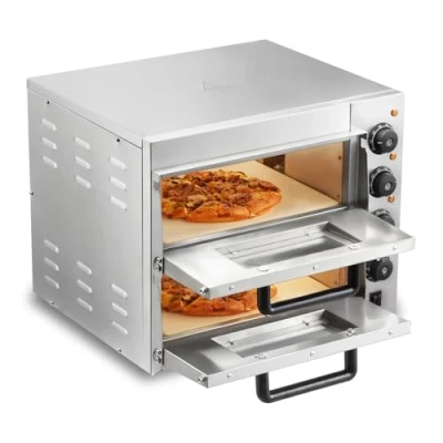 Abbildung von VEVOR Kommerzieller Pizzaofen Backofen 2 lagig 356 mm, elektrischer aus Edelstahl mit vier Drehknöpfen, Mehrzweck Pizzamaker Indoor, zum Backen im Restaurant, zu Hause, Silber