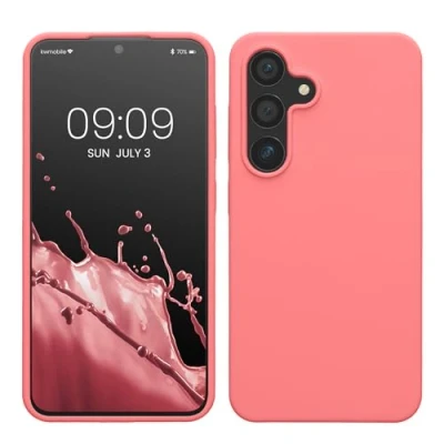 Abbildung von kwmobile Hülle kompatibel mit Samsung Galaxy S24 Silikon Handy Case Handyhülle für weiche Oberfläche kabelloses Laden Pastell Koralle