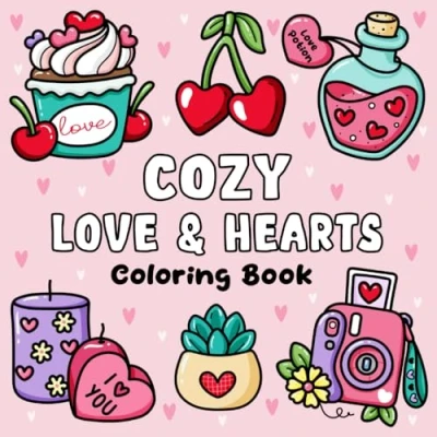 Abbildung von Cozy Love &amp; Hearts Coloring Book: Bold and Easy Pages for Relaxation Stress Relief, Perfect Adults, Teens, Kids with Adorable Valentine Designs
