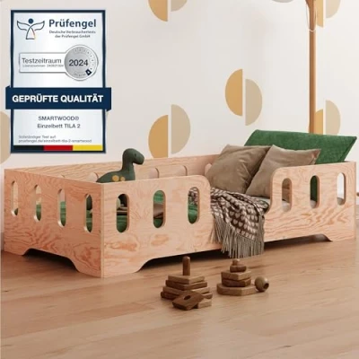 Abbildung von smartwood TILA 2 Kinderbett 70x140 mit Lattenrost und Rausfallschutz Neuheit Holz für Jungen &amp; Mädchen vielseitiges Montessori Bett 140x70 cm.