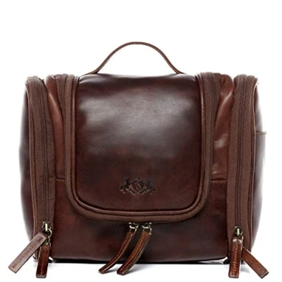Abbildung von SID &amp; VAIN Kulturbeutel Leder Kulturtasche Unisex DEXTER, Waschbeutel Echtleder für Damen Herren, Kosmetiktasche braun cognac